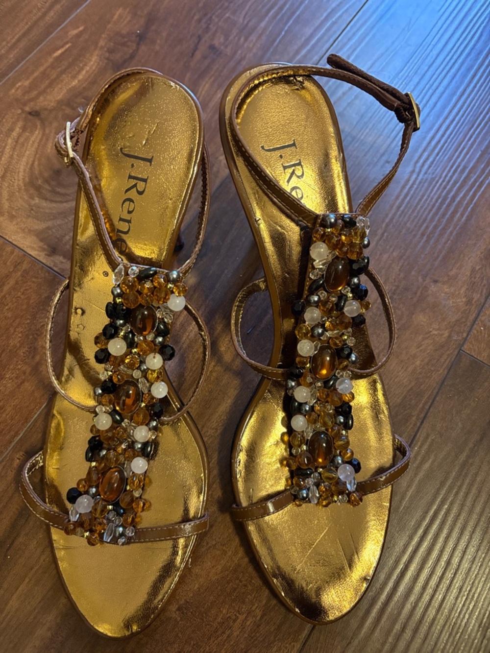 J.Renee Gold and Brown Jeweled Straped Sandals